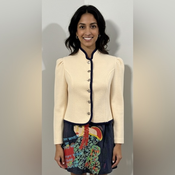 LITZA Vintage White Black Boiled Wool Puff Shoulder Silver Buttons Jacket  2-4 - Picture 1 of 10